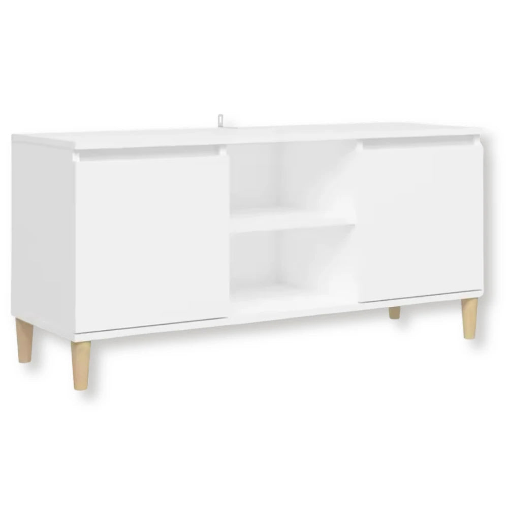 Meuble tv blanc pieds bois massif | Frya