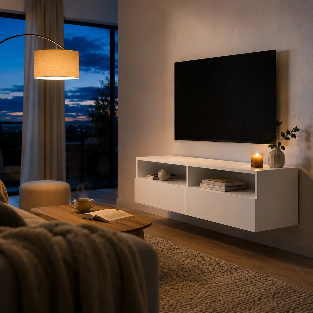 Meuble tv mural blanc faible profondeur | Nima