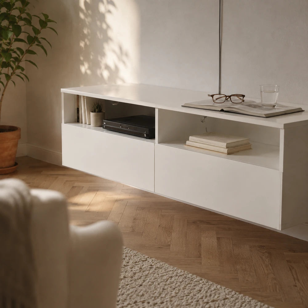 Meuble tv mural blanc faible profondeur | Nima