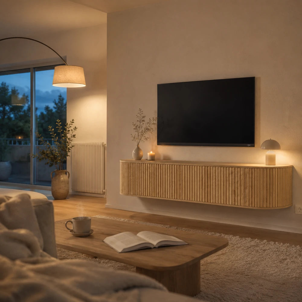Meuble tv mural coins arrondis avec passe-câbles | Aria
