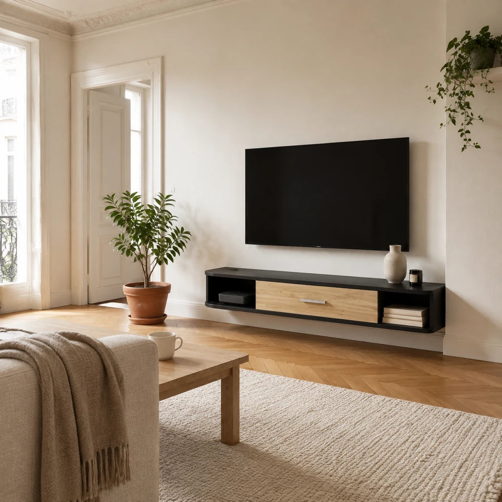 Meuble tv suspendu noir avec passe-câbles | Vika
