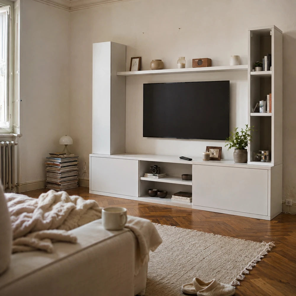 Ensemble meuble tv mural blanc avec colonnes | Alba