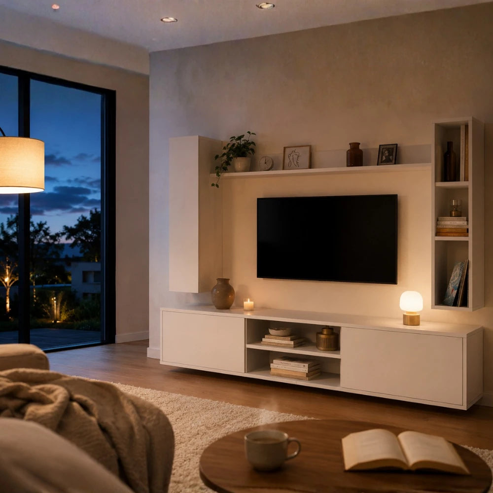 Ensemble meuble tv mural blanc avec colonnes | Alba