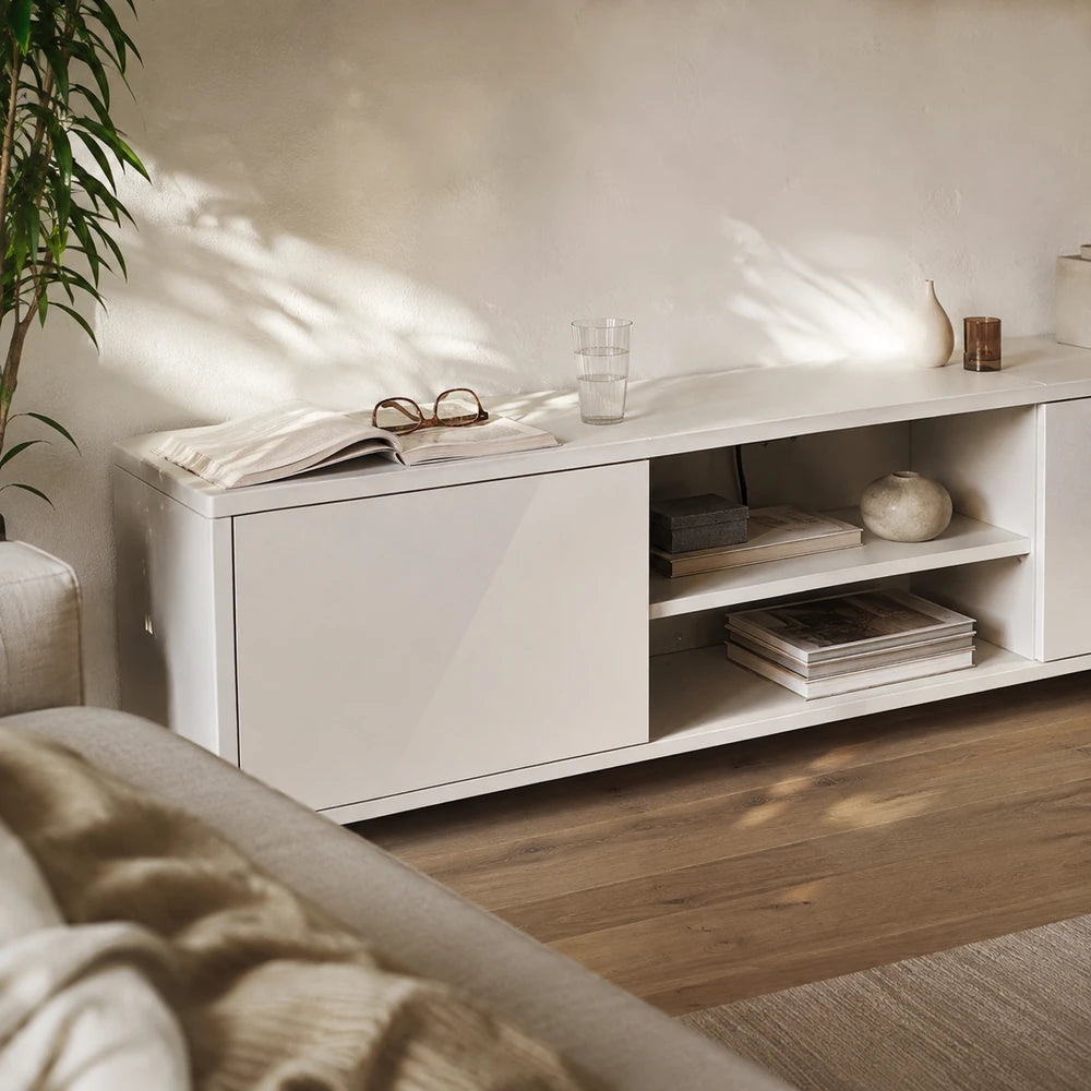 Ensemble meuble tv mural blanc avec colonnes | Alba