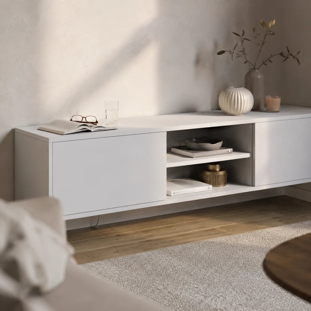 Ensemble meuble tv mural blanc avec colonnes | Alba