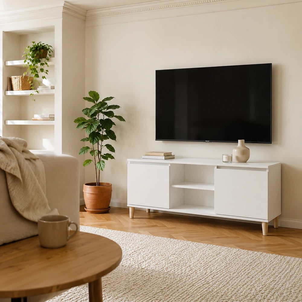 Meuble tv blanc pieds bois massif | Frya