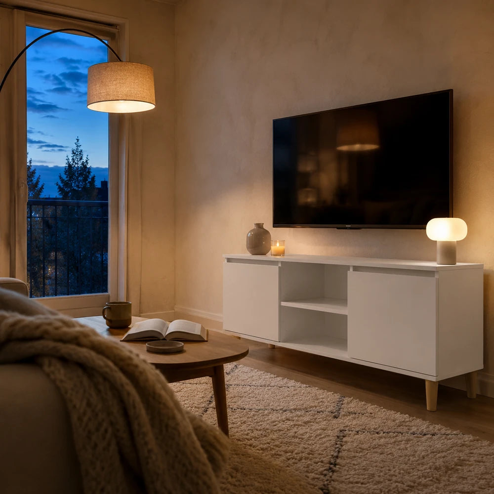 Meuble tv blanc pieds bois massif | Frya