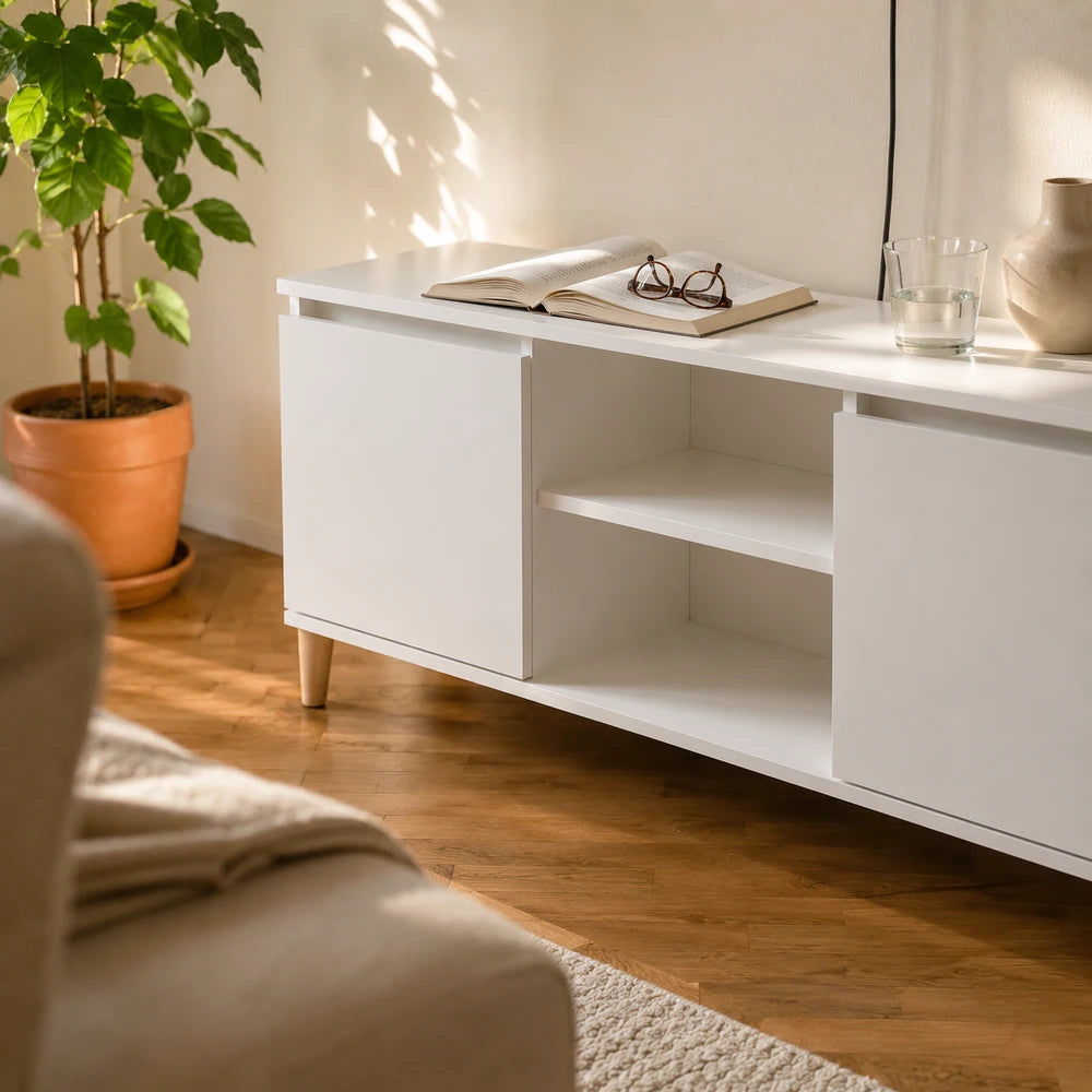 Meuble tv blanc pieds bois massif | Frya