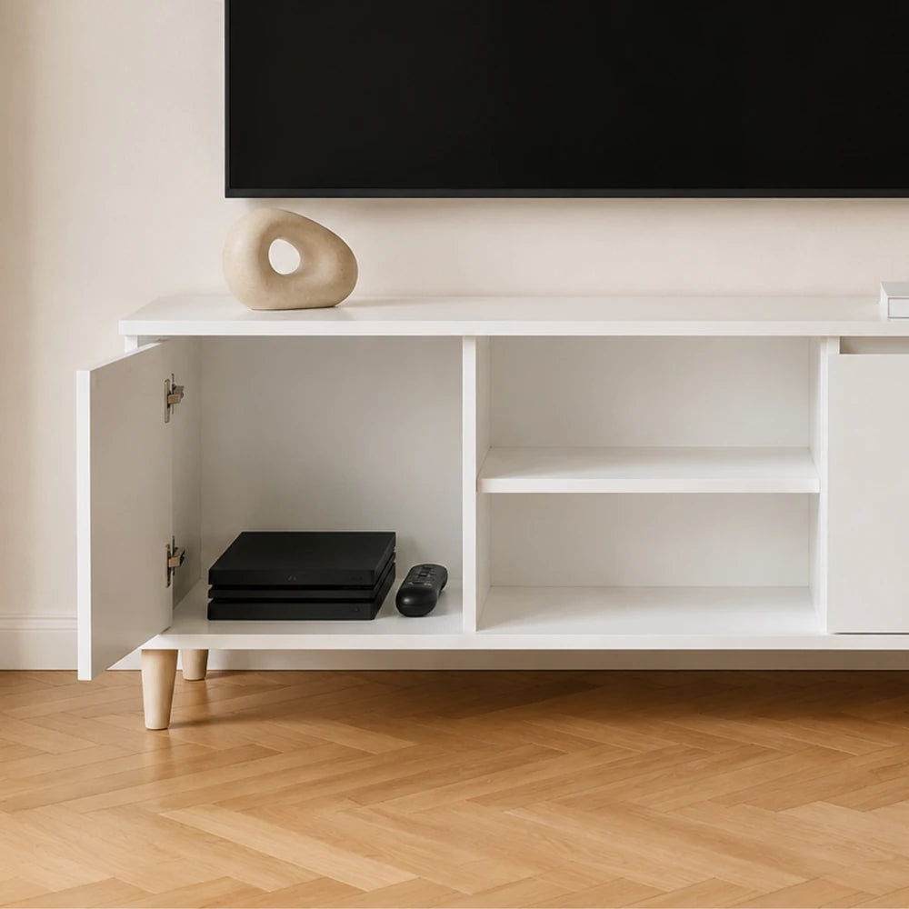 Meuble tv blanc pieds bois massif | Frya
