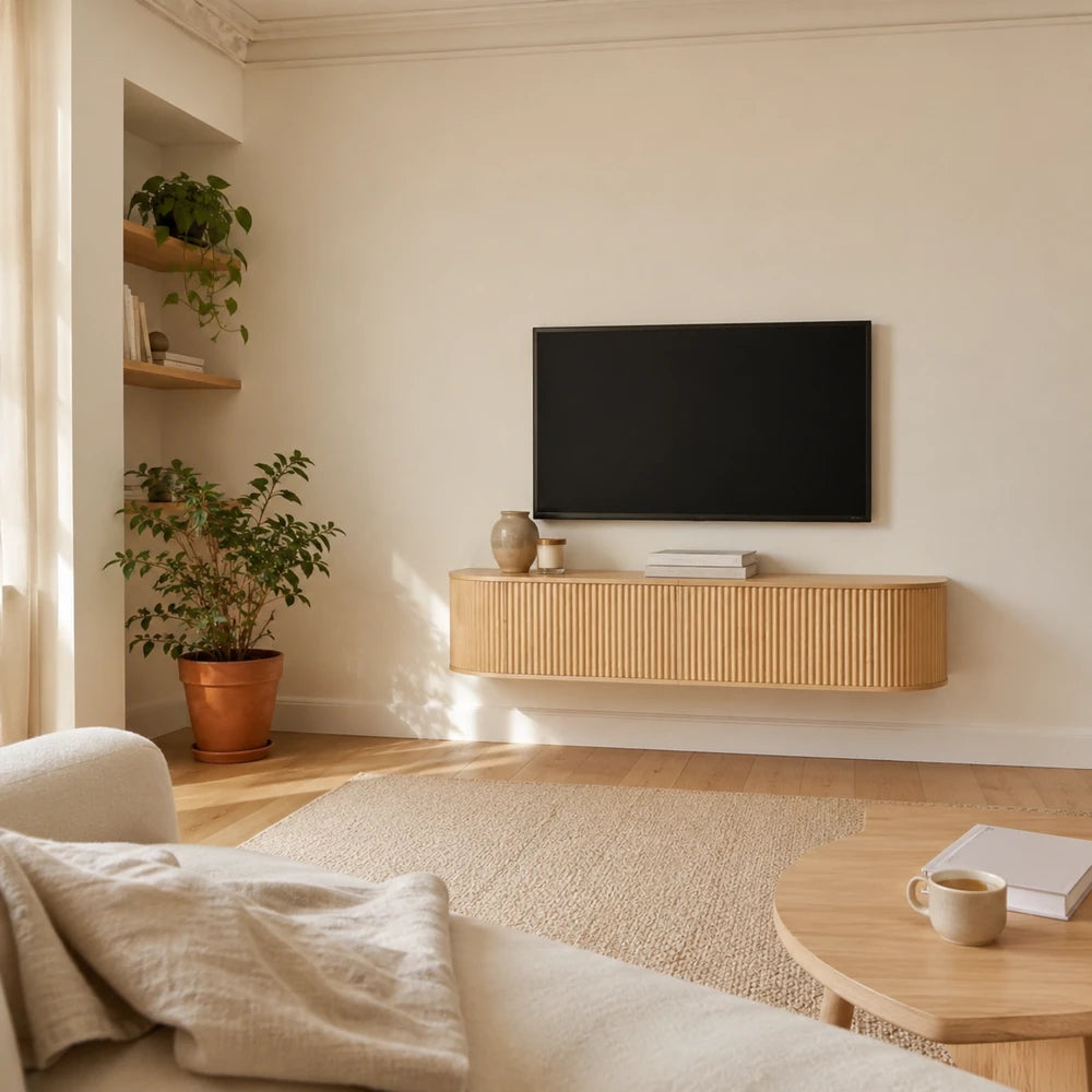 Meuble tv mural coins arrondis avec passe-câbles | Aria