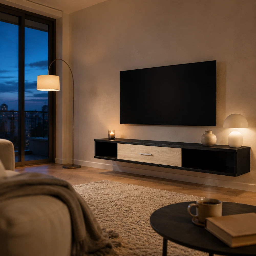 Meuble tv suspendu noir avec passe-câbles | Vika